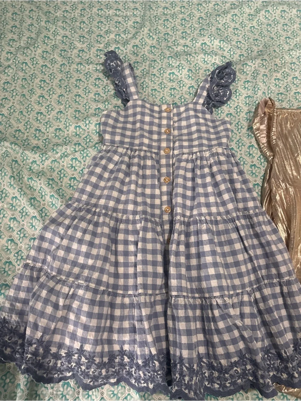 Shabby Chic Blue Gingham Dress & Gold Metallic Party Dress lot of 2 dresses